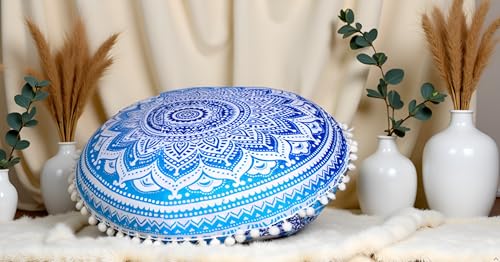CRAFT KALA Round Mandala Boho Pillow Cover Meditation India Room Seating Poufs Cover for Living Room Yoga Room Home Décor Bedroom Balcony Garden Decoration Cotton Floor Cushion Cover (22", Blue Ombre) - color: Blue Ombre, size: 22"