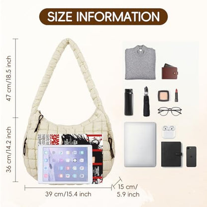 Puffer Tote Bag for Women, Large Quilted Puffer Bag with Pouch, Puffy Quilted Hobo Bag, Puff Crossbody Purse - color: 1-white