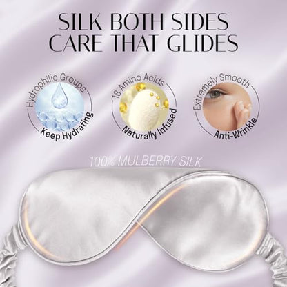 OLESILK Silk Sleep Eye Mask Blindfold with Double Layer Filling for Full Night's Sleep, Silk Wrapping Strap- Luxury Eye Cover Eyeshade for Women Men with Travel Bag and Ear Plugs, Silver - color: Silver