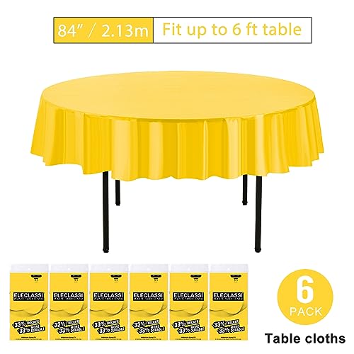 Eleclassi Yellow 6 Pack Premium Round Disposable Plastic Tablecloth - 84 Inch Round Plastic Table Cloths for Parties Disposable Tablecloth - Round Plastic Tablecloth - Yellow Round Tablecloth - color: Yellow