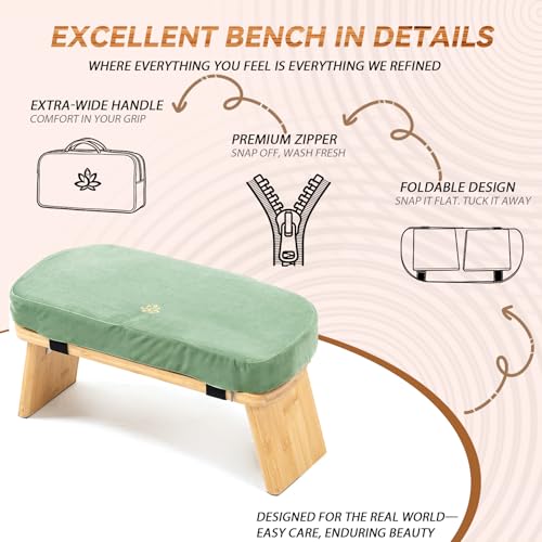Bamboo Meditation Bench, Foldable Prayer Stool (Green-Bag) - color: Green-bag