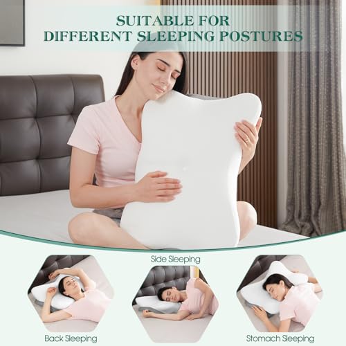 Ergonomic Memory Foam Cervical Pillow for Neck Pain Relief Support | Contour Design With Dual Heights, Breathable Washable Pillowcase, Orthopedic Pillows for Side, Back & Stomach Sleepers, White - color: White, size: Butterfly