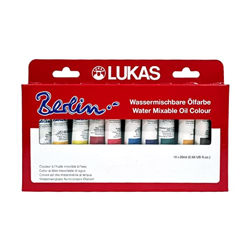 Lukas Berlin Pro Artists Water Mixable Oil Paint Set of 10 (20mL) Selection Set of 10-20 ml Tubes, Water Soluble, Lightfast Pigments, Quick Drying, Easy Clean-Up, Eco-Friendly, Professional Quality