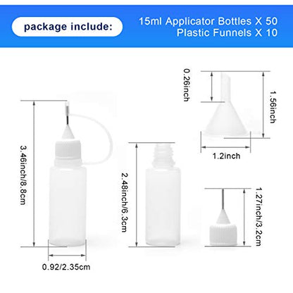 Adecco Precision Tip Applicator Bottle, Glue Applicator Bottles, 50 PCS 15ml Precision Tip Applicator Bottles with 10 Plastic Funnels, for Acrylic Painting, Quilling, Alcohol Ink(Precision Tip Bottle)