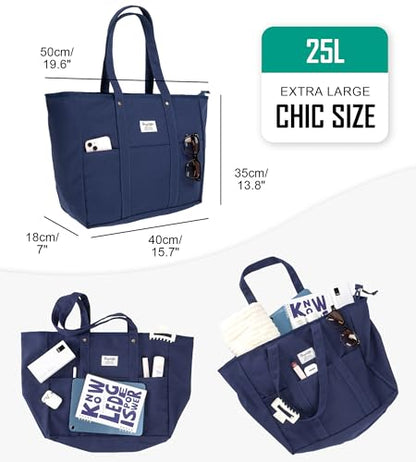 Bagelite Extra Large Canvas Tote for Women Men, Utility Work Bag with Zipper - color: Blue