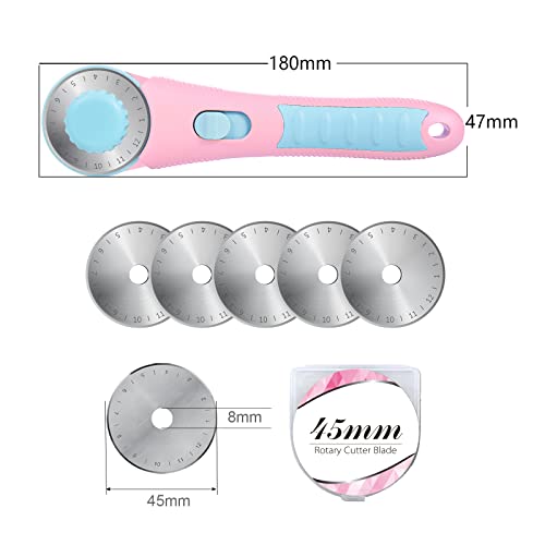 Rotary Cutter with 5pcs 45mm Rotary Blade, Bearing Design Rolling Cutter with Safety Lock for Fabric Sewing Quilting Cloth Leather Paper and Arts & Crafts(Pink) - color: Pink with Bearing, size: 45mm