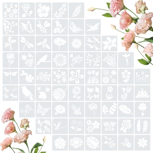 Amrules 65 Pcs Painting Stencils, Flowering Plants Theme, 4 x 4 Inch | Plastic, Drawing Templates Set for Crafts, Reusable DIY Art Stencil, For Wood, Walls, Cards, Fabrics, Rocks, Home Decoration - style: Flowering Plants