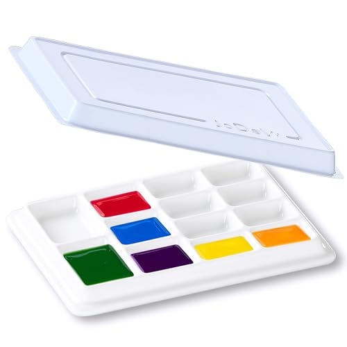 Ceramic Paint Palette with Lid,13-Well Porcelain Watercolor Mixing Tray for Acrylic, Oil, Gouache & Watercolor Paints, White Porcelain Palette with Plastic Cover - size: 7.5" x 5.1" x 0.8"