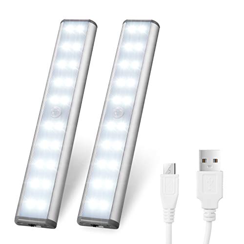 Motion Sensor Cabinet Lights,USB Rechargeable 20 LED Portable Cordless Closet Lighting,Wireless Under Counter Light Bar, Magnetic Removable Stick-On Anywhere for Wardrobe/Cupboard/Stairs (2 Pack) - color: Silver-white Light, size: 20LED
