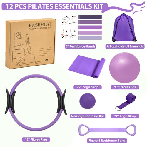 HASHMUST Pilates Ring Kit 12 PCS for Women, Home Workout Equipment with Magic Circle, Mini Exercise Ball, Resistance Bands, Massage Lacrosse, Yoga Strap, Full-Body Fitness Set for Toning & Gift - color: Purple