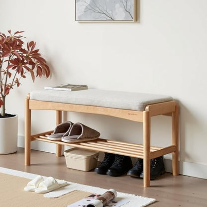 Oak Wood Shoe Bench, 32 Inch Entryway Bench with Light Gray Cushion - color: Natural + Light Gray Cushion, size: 31.49"