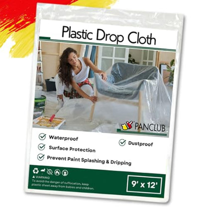 Plastic Drop Cloth for Painting, Dustproof Rectangular Tarps, Ultra-Thin Waterproof Polythene Floor Covering, 9 x 12ft Large Plastic Sheet for Furniture Covers, 14 Micron, 1 Piece