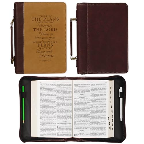 Christian Art Gifts Classic Vegan Leather Bible Cover for Men & Women: Hope & Future Encouraging Scripture Verse, Debossed Design, Sturdy Easy Carry Case, Pockets, Pen Loops Storage, Brown/Tan, Large - size: Large