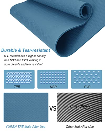 YR Large Exercise Mat 76"x35" 10mm Thick TPE Yoga Mat Non Slip | Workout mats, home gym, anti-tear, easy-to-clean, odor-less, excellent cushion, with yoga bag - color: Blue