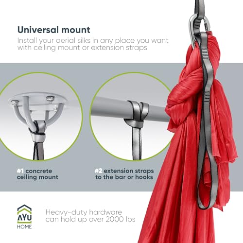 AyuHome Aerial Silks Yoga Swing Aerial Hammock Kit for Home | Premium aerial silks yoga swing kit with rigging hardware for aerial yoga, gymnastics, and home fitness - color: Aerial silk - Red - New