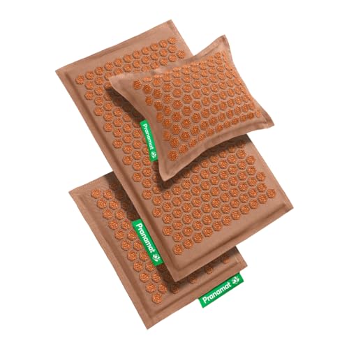 Pranamat Acupressure Large & Small Mat with Pillow Set, Premium Acupressure Therapy for Pain Relief and Relaxation, Handcrafted in Europe with Sustainable and Natural Materials (Caramel Mousse) - color: Caramel Mousse