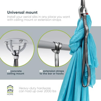 AyuHome Aerial Silks Yoga Swing Aerial Hammock Kit for Home | Premium aerial silks yoga swing kit with rigging hardware for aerial yoga, gymnastics, and home fitness - color: Aerial silk - Blue New