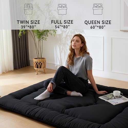Japanese Floor Mattress,3.5" Thicken Futon Mattress Tatami Mat - color: Black, size: Full (80”L × 54“W)