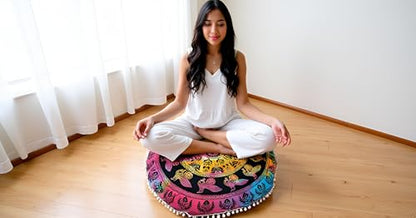 Large Round seat Floor Cushion Cover Chair Ottoman Cover Pouf Pillow Meditation Floor Cushion Covers for Adults Seating pouffe Ottoman Throw Covers Multi Peacock 32" Round