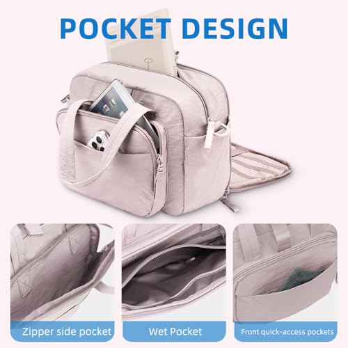 mini gym bag for women, travel duffel bag with wet pockets and Shoe Compartment,Lightweight carry on weekender duffel, water resistant,for sports,yoga,dance,pink - color: purplish-pink