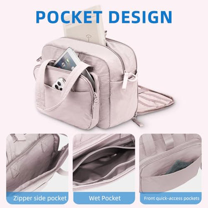 mini gym bag for women, travel duffel bag with wet pockets and Shoe Compartment,Lightweight carry on weekender duffel, water resistant,for sports,yoga,dance,pink - color: purplish-pink