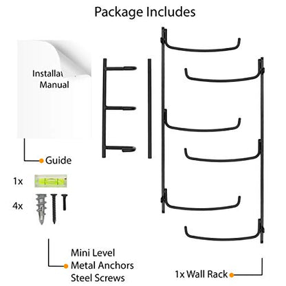 Wallniture Guru Yoga Mat Holder Wall Mount with 3 Hooks for Hanging Yoga Strap, Resistance Bands, 5-Sectional Metal - color: Black, size: 19'' H | 3 Sectional