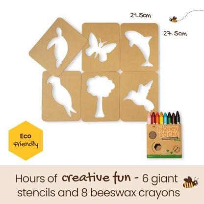 Honeysticks Kids Activity Set - 6 Stencils and Jumbo Beeswax Crayons (8 Pk) | Art Set for Ages 3-5 - Non-Toxic Crayons (8 Pack) Plus 6 Large Stencils - Easy to Use - Preschool Drawing and Coloring, Gift