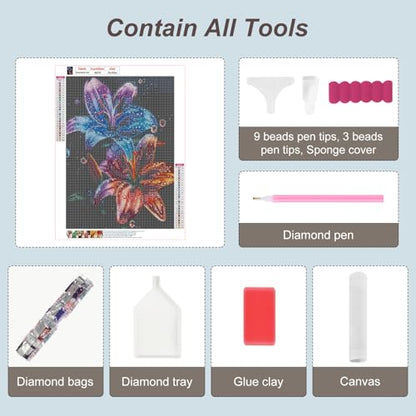 Anuver Diamond Painting Kits for Adults Iily Flower, 5D Round Diamond Art Kits for Beginners, DIY Full Drill Crystal Gem Painting Kits for Home Wall Decor 12x16Inch