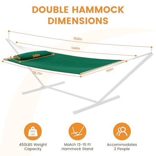 Lazy Daze 12 FT Double Quilted Hammock with Spreader Bar for Outside, Green | 2 Person Heavy Duty Hammock with Detachable Pillow and Carabiners for Outdoor Backyard Poolside, 450lbs Weight Capacity - color: Dark Green