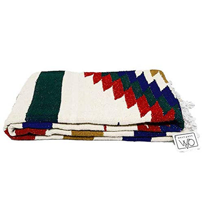 Open Road Goods Aztec Navajo Style Blanket, Throw, or Yoga Bolster - Handwoven Mexican Diamond Blanket (White Fiesta Blanket) - color: White Fiesta Blanket