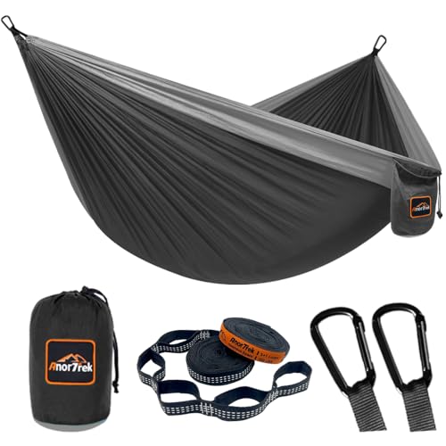 AnorTrek Camping Hammock, Super Lightweight Portable Parachute Hammock with Two Tree Straps Single or Double Nylon Travel Tree Hammocks for Camping Backpacking Hiking - color: Black&gray, size: Single 110''L x 55''W
