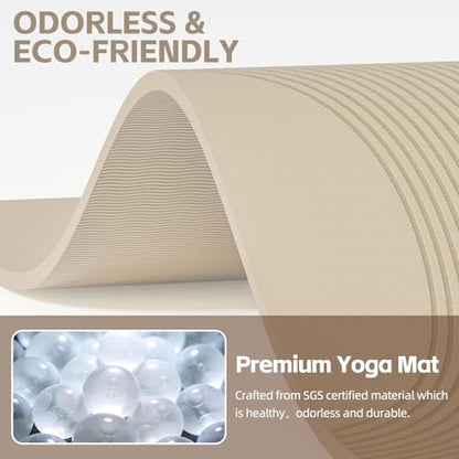 PAIDU Large Yoga Mat, 72"x36"x2/5" POE Non-Slip Exercise Mat | 10MM Thick, POE, non‑slip, ideal for home gym, yoga, pilates, fitness & floor use - color: Beige - Double C