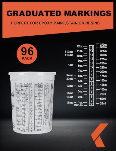 KREFINISH 16 OZ Paint Mixing Cups Graduated Disposable Clear Plastic Epoxy Measuring Cups (Box of 96 Cups & 12 Lids) Use for Automotive Painting, Resin, Acrylic, Arts, Pigments - Mixing Ratios - size: 16 Ounce
