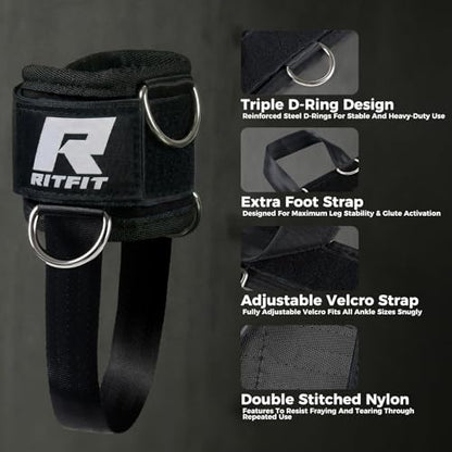 RitFit Kickback 발목 스트랩 패딩 발목 스트랩, 케이블 기계용, 강력한 후크 및 루프, 강화된 3 D링, 조절 가능한 편안한 핏 네오프렌 - 복근, 둔근 및 다리 운동을 향상시키는 프리미엄 발목 커프스 - color: 블랙.