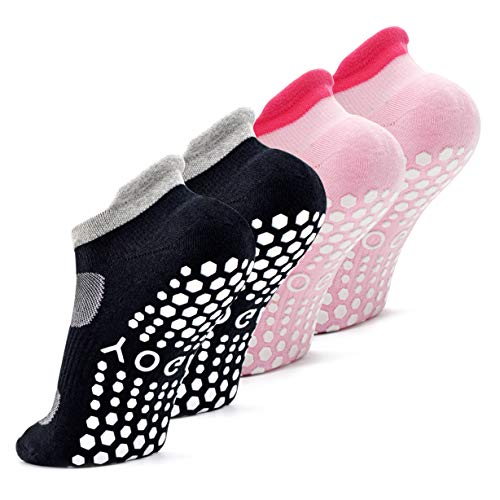 Busy Socks 2 Pack Women Ankle Non Slip Yoga Pilates Grip Socks with Cushion | Anti Skid Slipper Arch Support Socks for Barre Bikram Dance Trampoline Fitness Hospital Home Floor Walking Jogging Cardio - color: 2 Pairs Black/Pink