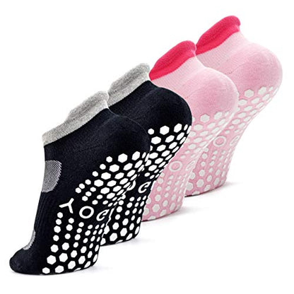 Busy Socks 2 Pack Women Ankle Non Slip Yoga Pilates Grip Socks with Cushion | Anti Skid Slipper Arch Support Socks for Barre Bikram Dance Trampoline Fitness Hospital Home Floor Walking Jogging Cardio - color: 2 Pairs Black/Pink