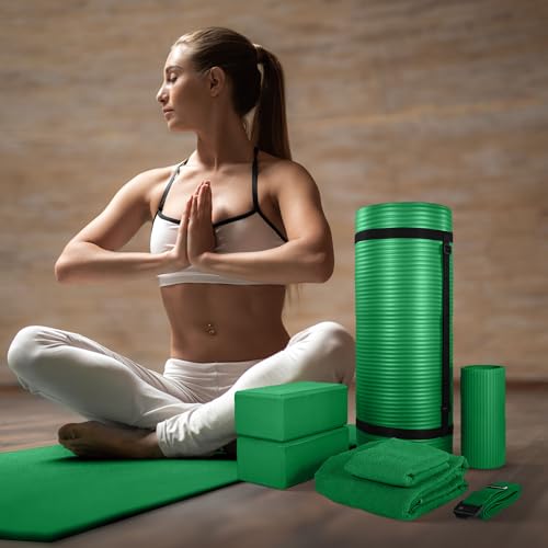 BalanceFrom 7-Piece Yoga Set with 71x24x1 Inches Extra Thick Mat and Carrying Sling – Includes 2 Blocks, Stretch Strap, 2 Towels, and Knee Pad for Home, Studio, and Gym Workouts - color: Green