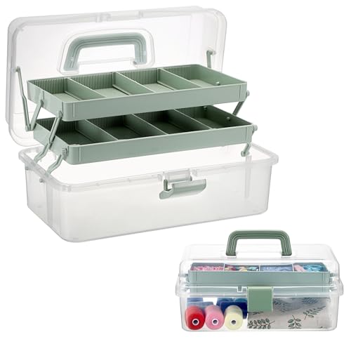 BTSKY Plastic Dividing Storage Box, Tackle Box with Adjustable Dividers | 3-Layer Portable Lightweight Storage Box with Handle, Craft Organizer for Art Supplies, Sewing, Nail, Medicine, Haze Green - color: Clear+Green
