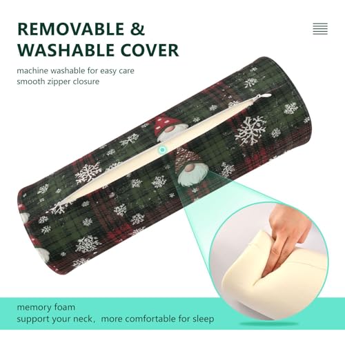 Christmas Gingham Gnome and Snowflakes Neck Roll Pillow Bolster Round Health Memory Foam Long Cervical Cylinder Pillows with Removable Washable Cover for Body Bed Legs Back Yoga - color: Christmas Gingham Gnome and Snowflakes