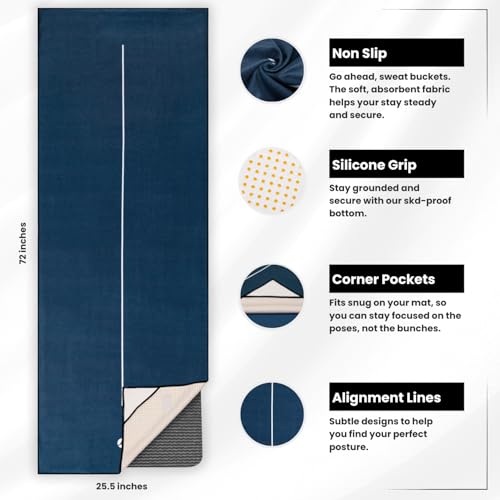 Yoga Drip: Hot Yoga Towel – Non Slip Yoga Mat Towel with Corner Pockets, Silicone Grip Dots & Subtle Alignment Lines | Sweat Absorbent, Moisture Wicking, Quick Dry | No Bunching or Sliding | 72” x 26” - color: Sea Serene