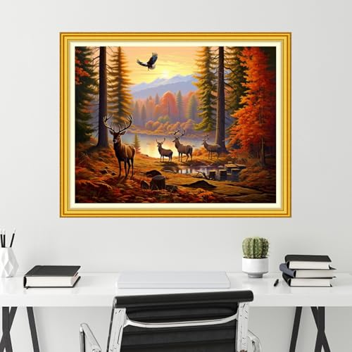 Funchey Stamped Cross Stitch Kits, DIY Cross Stitch Pattern for Adults Beginners Needlepoint Kits Embroidery Kit Arts and Crafts 11CT-Forest elk 16x20 inch - color: Handicraft patterns26