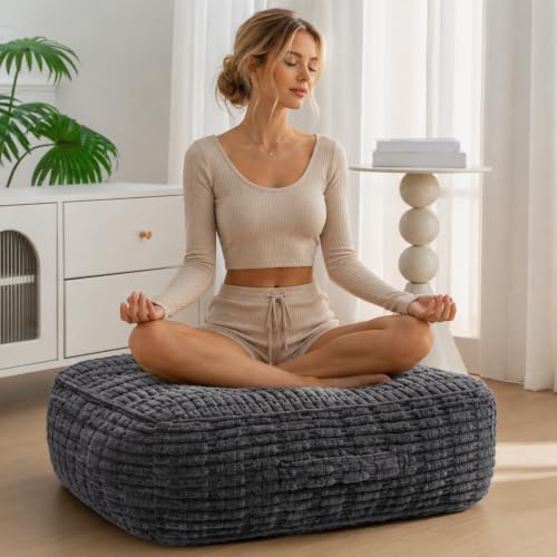 8" Extra Thick Floor Pillow Cushion for Adults, 22x22 Large Square Meditation Cushion with Handle, Memory Foam Blended Corduroy Sitting Pillow for Yoga, Tatami & Living Room - color: Grey