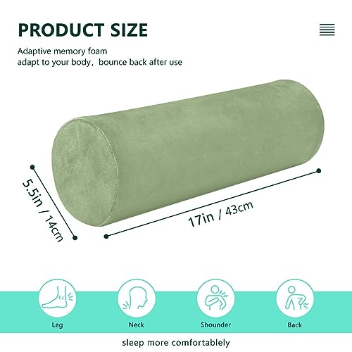 YETTASBIN Sage Green Solid Color Cylinder Round Pillow for Neck Pain Relief, Soft Breathable Bolster Travel Memory Foam Pillow with Removable Washable Cover for Bed Sleeping, Head, Legs and Back