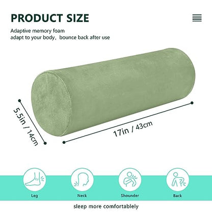 YETTASBIN Sage Green Solid Color Cylinder Round Pillow for Neck Pain Relief, Soft Breathable Bolster Travel Memory Foam Pillow with Removable Washable Cover for Bed Sleeping, Head, Legs and Back