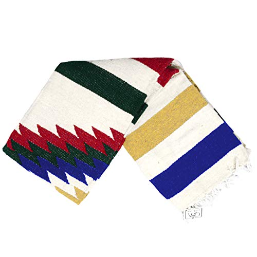 Open Road Goods Aztec Navajo Style Blanket, Throw, or Yoga Bolster - Handwoven Mexican Diamond Blanket (White Fiesta Blanket) - color: White Fiesta Blanket