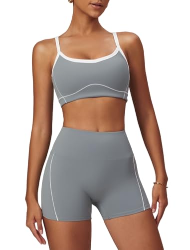 QBGJTD Two Piece Women Workout Sets Color Block Sports Bra and Scrunch Butt Lifting Shorts Gym Yoga Outfits - color: Grey, size: Small
