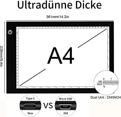 Light Box Drawing Pad, Tracing Board with Type-C Charge Cable and Brightness Adjustable for Artists, AnimationDrawing, Sketching, Animation, X-ray Viewing (DE-A4-P-black)