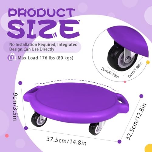 Kids Sitting Scooter Board with Universal Wheels Swivel Casters Round Plastic Floor Surfer Sports Scooters with Rollers Autism Kids Sensory Scooter Board for Gym Class Physical Education Home Use - color: purple
