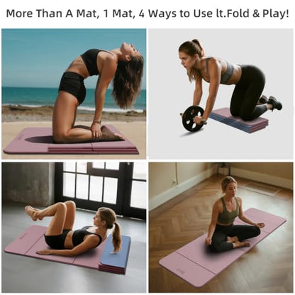 LVME Foldable Yoga Mat, 71"x24"x1/3" Thick(8mm), Non Slip Exercise Mat - color: Dusty Pink + Silver Blue