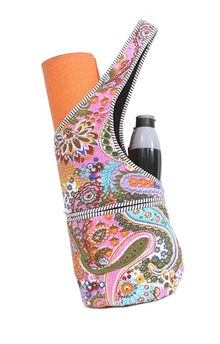 INDIAN CRAFT CASTLE Yoga Mat Bag | Tote Mat Bag | Sling Yoga Tote w/Large Side Pocket & Zipper Pocket | Yoga Mat Carrier Fits Most Size Mats - color: Multi Color Paisley